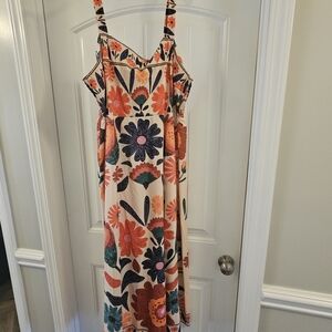 SHEIN Peach Floral Midi Dress with Navy and Teal Accents
